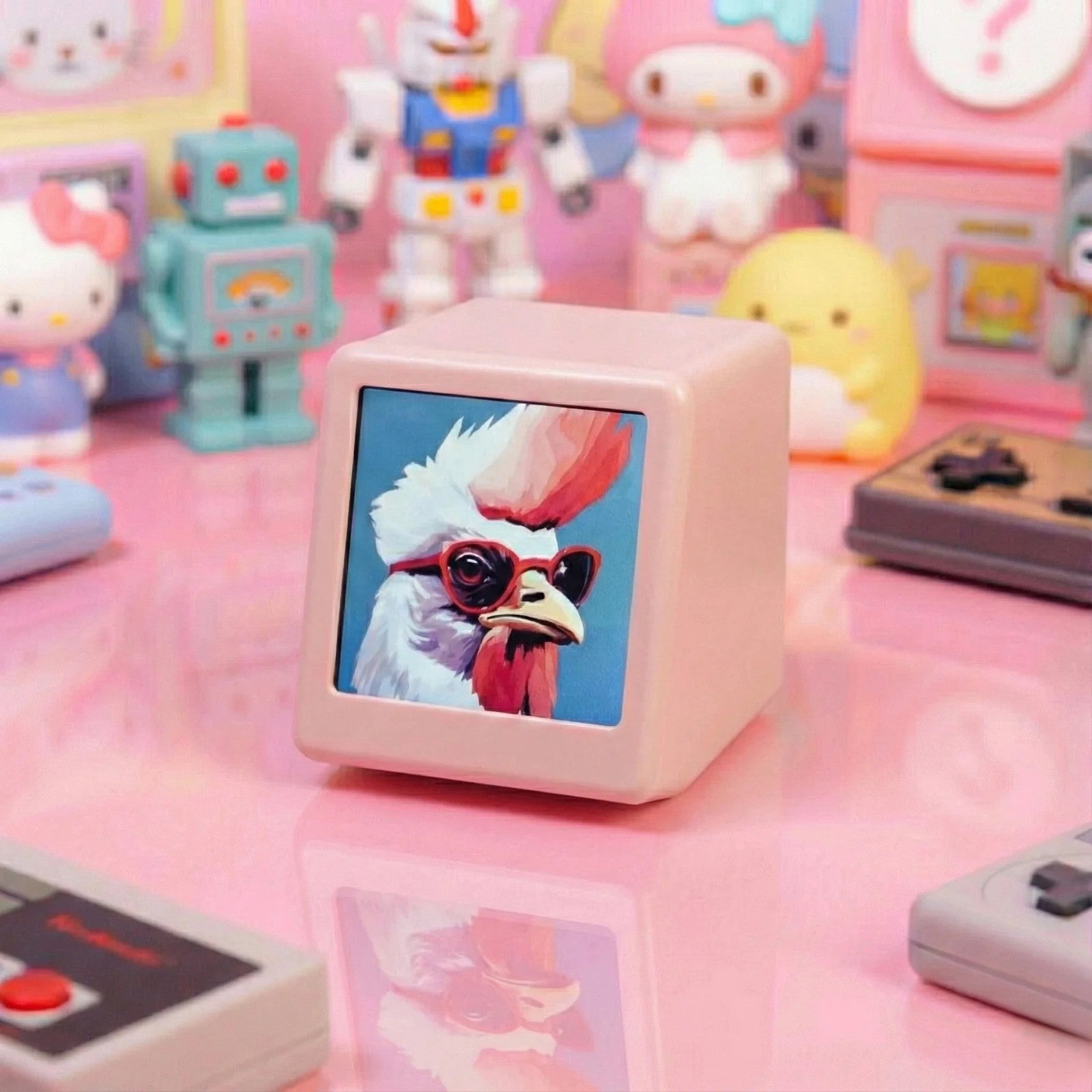 Small pink electronic device with a screen displaying an image of a rooster wearing sunglasses, surrounded by colorful toys on a pink surface.