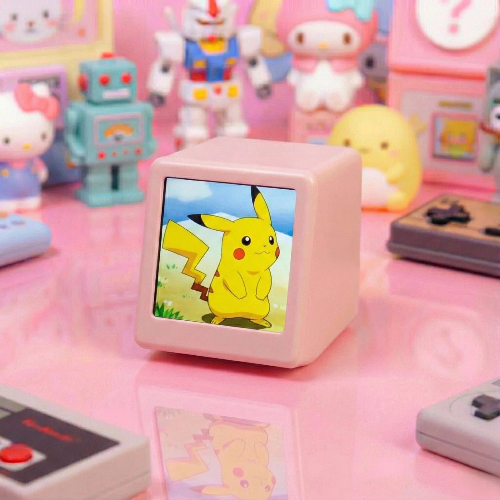 Small screen displaying Pikachu on a pink surface with toys in the background