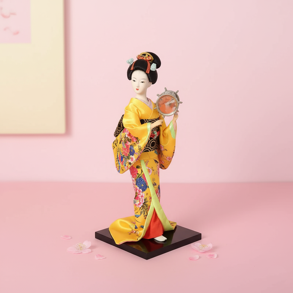 Traditional Japanese doll in a yellow kimono with a pink background