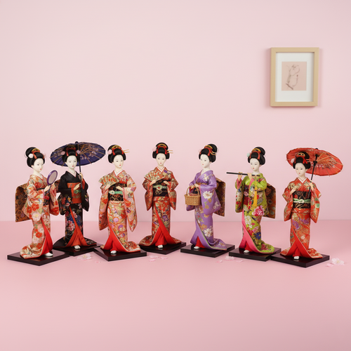 Set of six dolls in traditional Japanese attire on a pink background