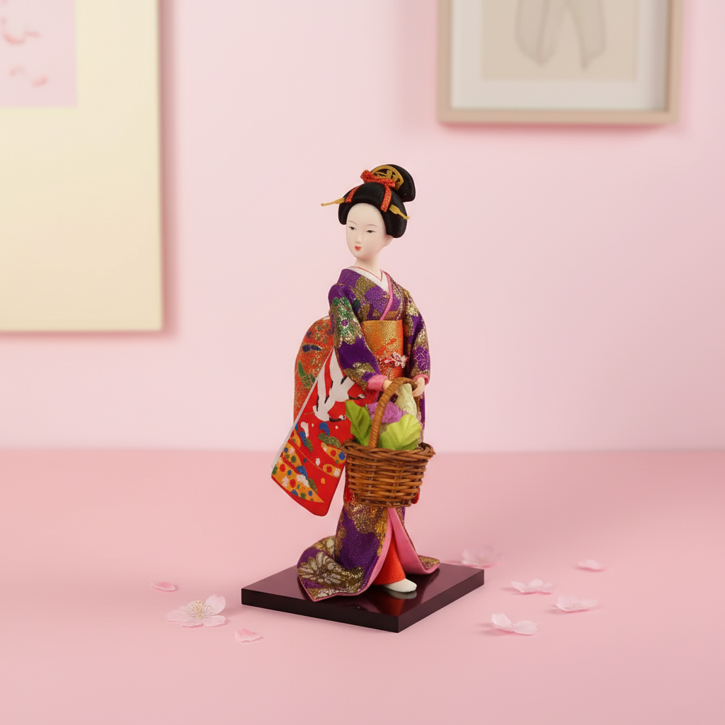 Traditional Japanese doll in colorful kimono holding a basket on a pink background