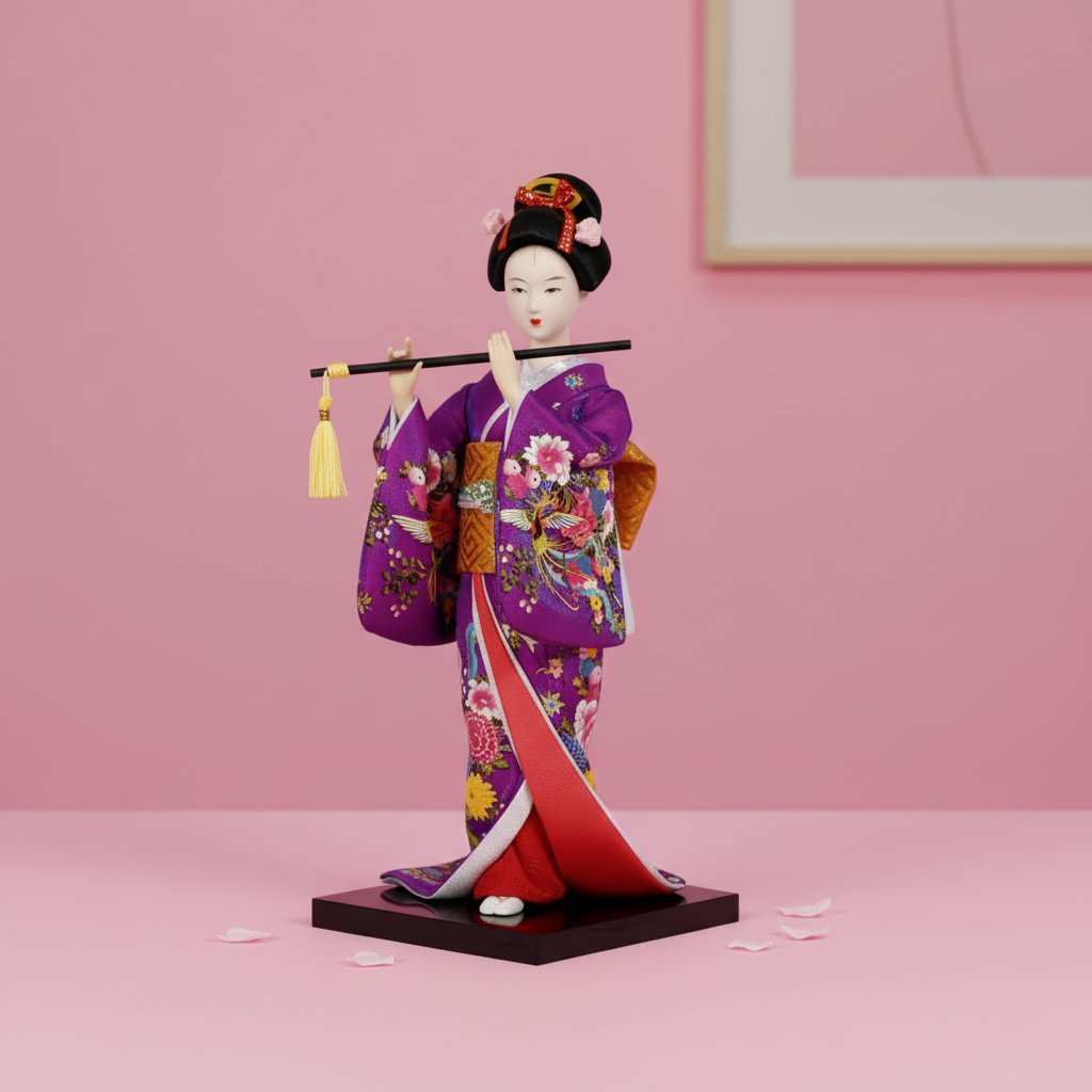 Traditional Japanese doll in a vibrant kimono with a pink background