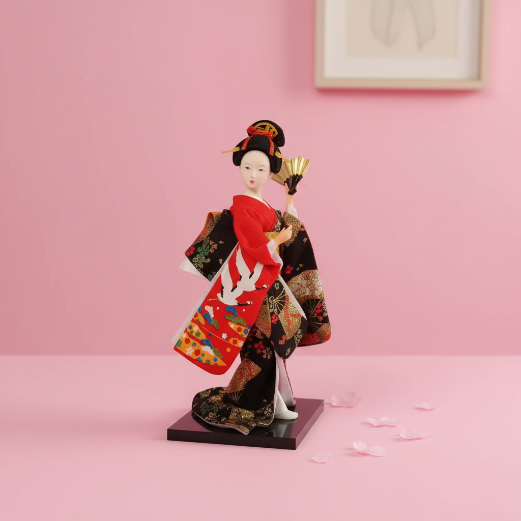 Traditional Japanese doll in colorful kimono on a pink background