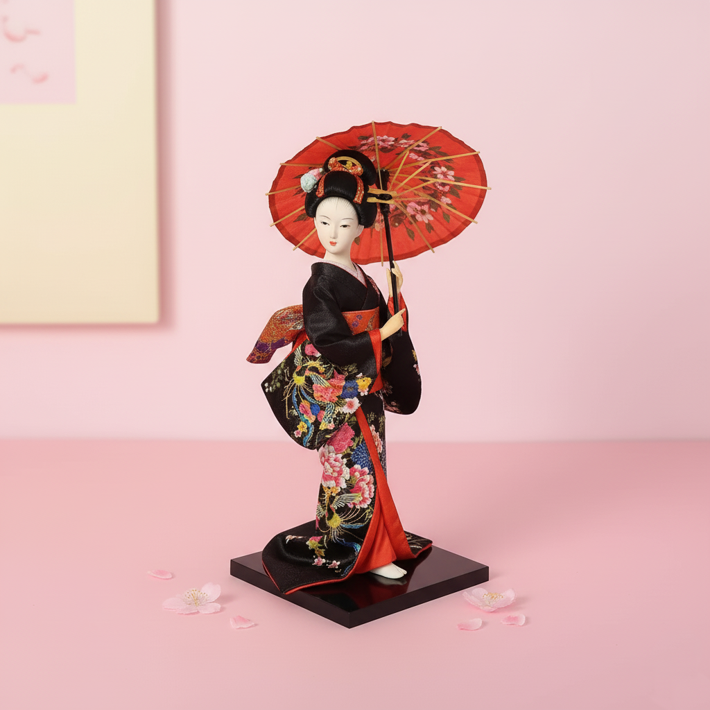 Traditional Japanese doll in a kimono with an umbrella on a pink background