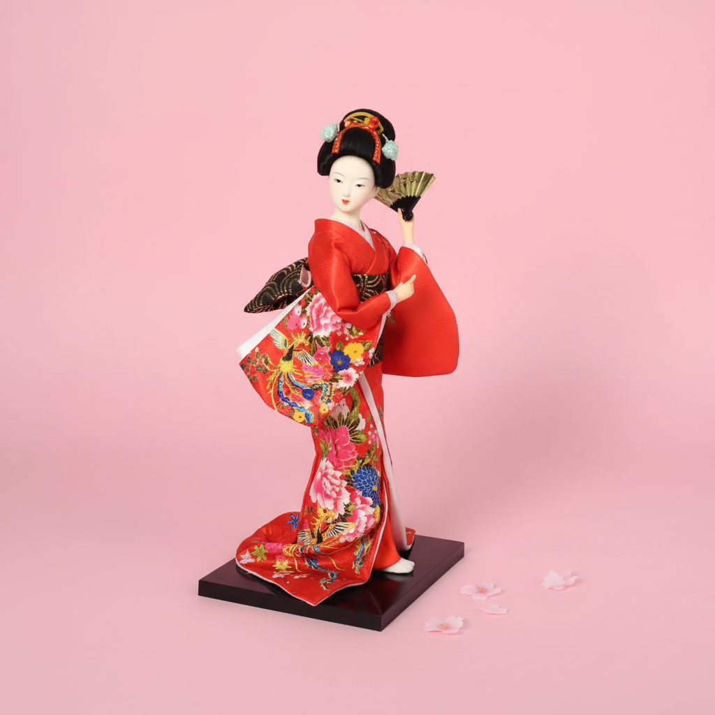 Traditional Japanese doll in a red kimono with floral patterns on a pink background