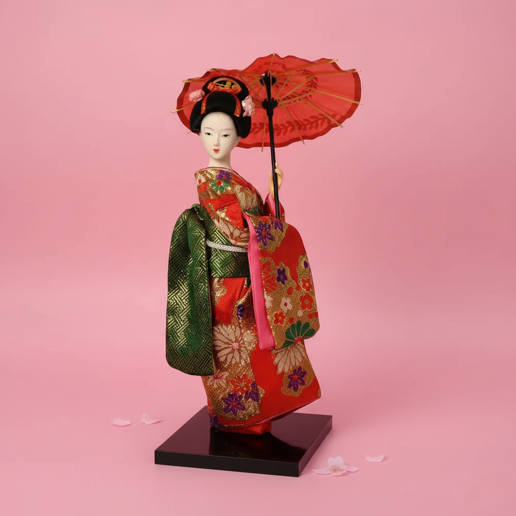 Traditional Japanese doll in colorful kimono holding a red umbrella on a pink background