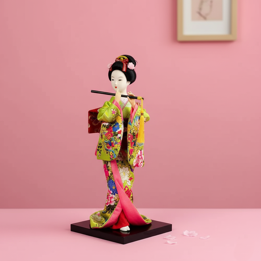 Traditional Japanese doll in colorful kimono against a pink background