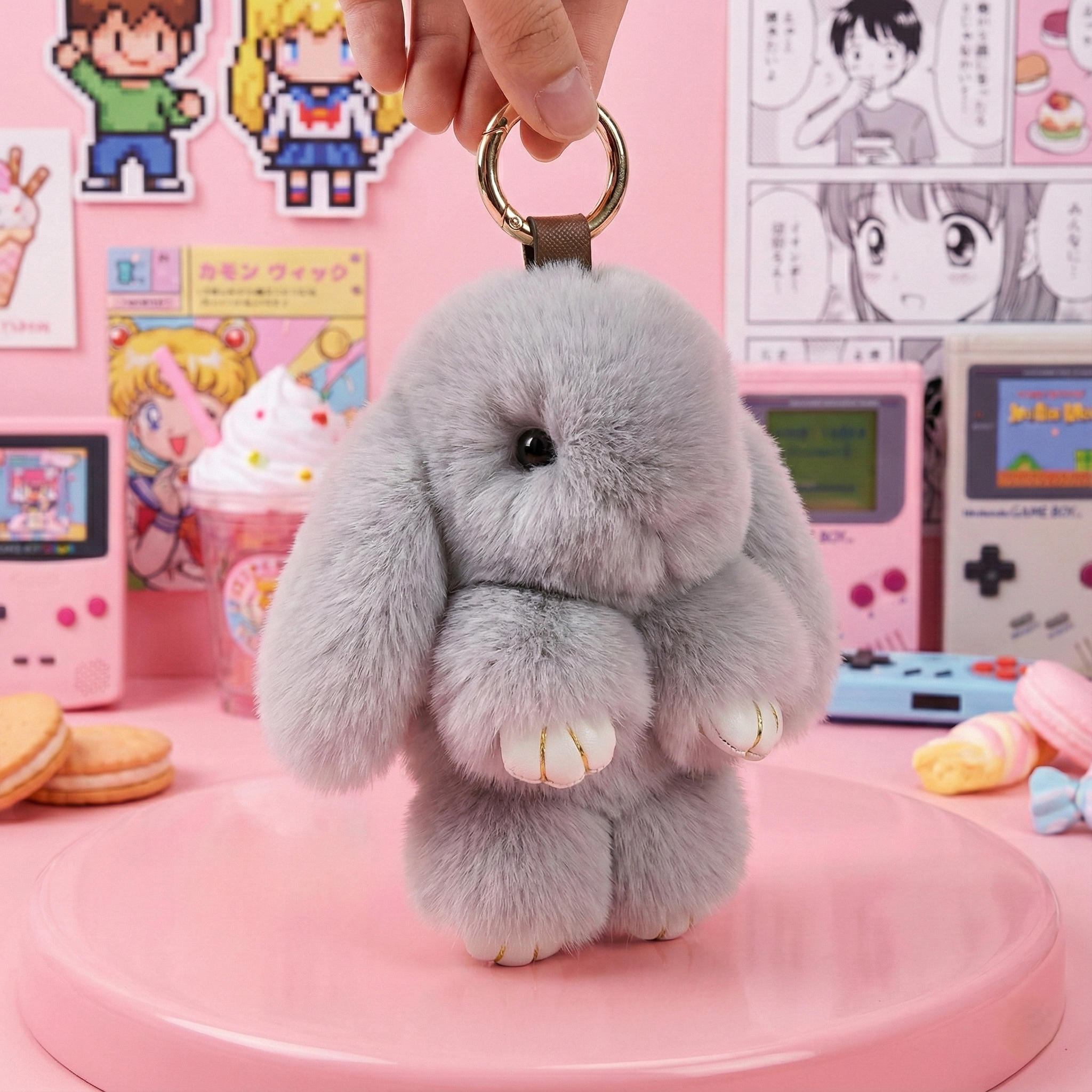 Gray fluffy bunny keychain held by a hand against a pink background with anime posters and toys.