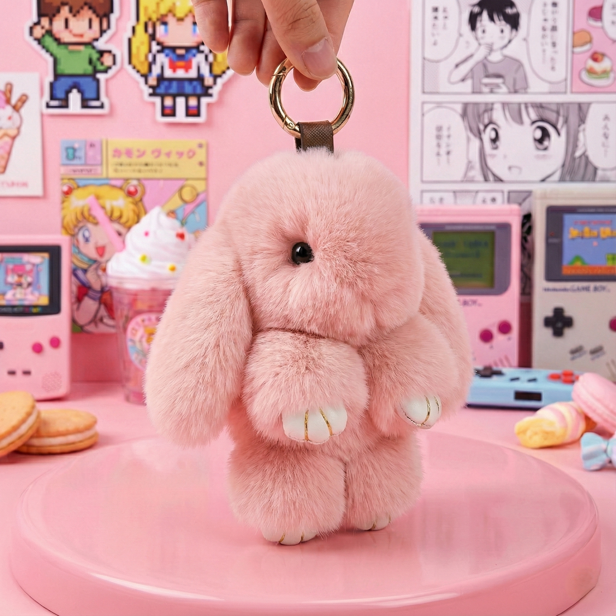 Pink fluffy bunny keychain held by a hand against a colorful background with anime posters and vintage toys.