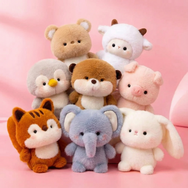 Collection of plush toys in various animal shapes on a pink background