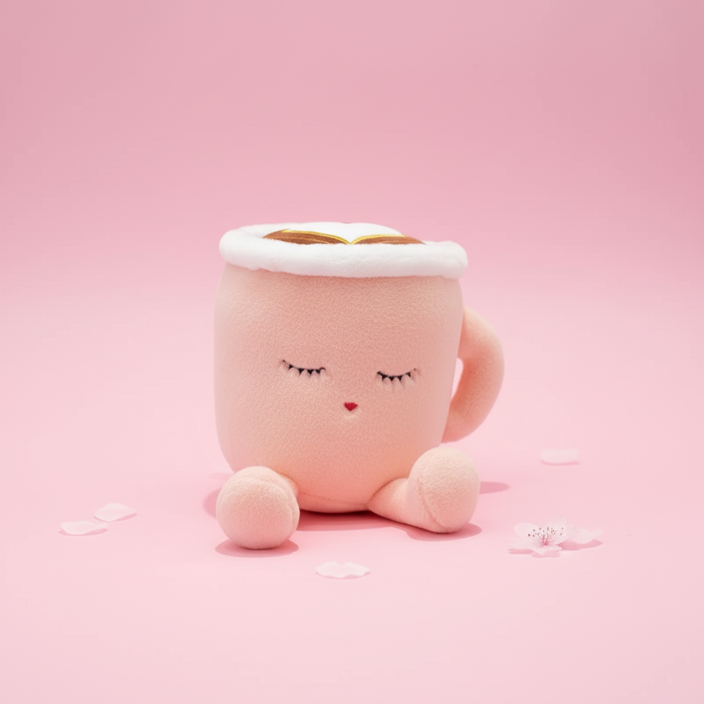 Plush toy resembling a pink coffee cup with a white lid on a pink background