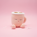 Plush toy resembling a pink coffee cup with a white lid on a pink background