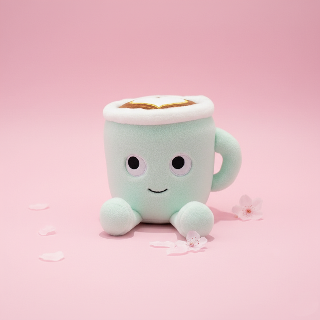 Plush toy resembling a mint green mug with a white handle and a smiley face on a pink background.