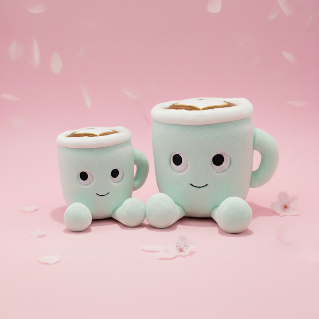 Two plush mugs with faces on a pink background