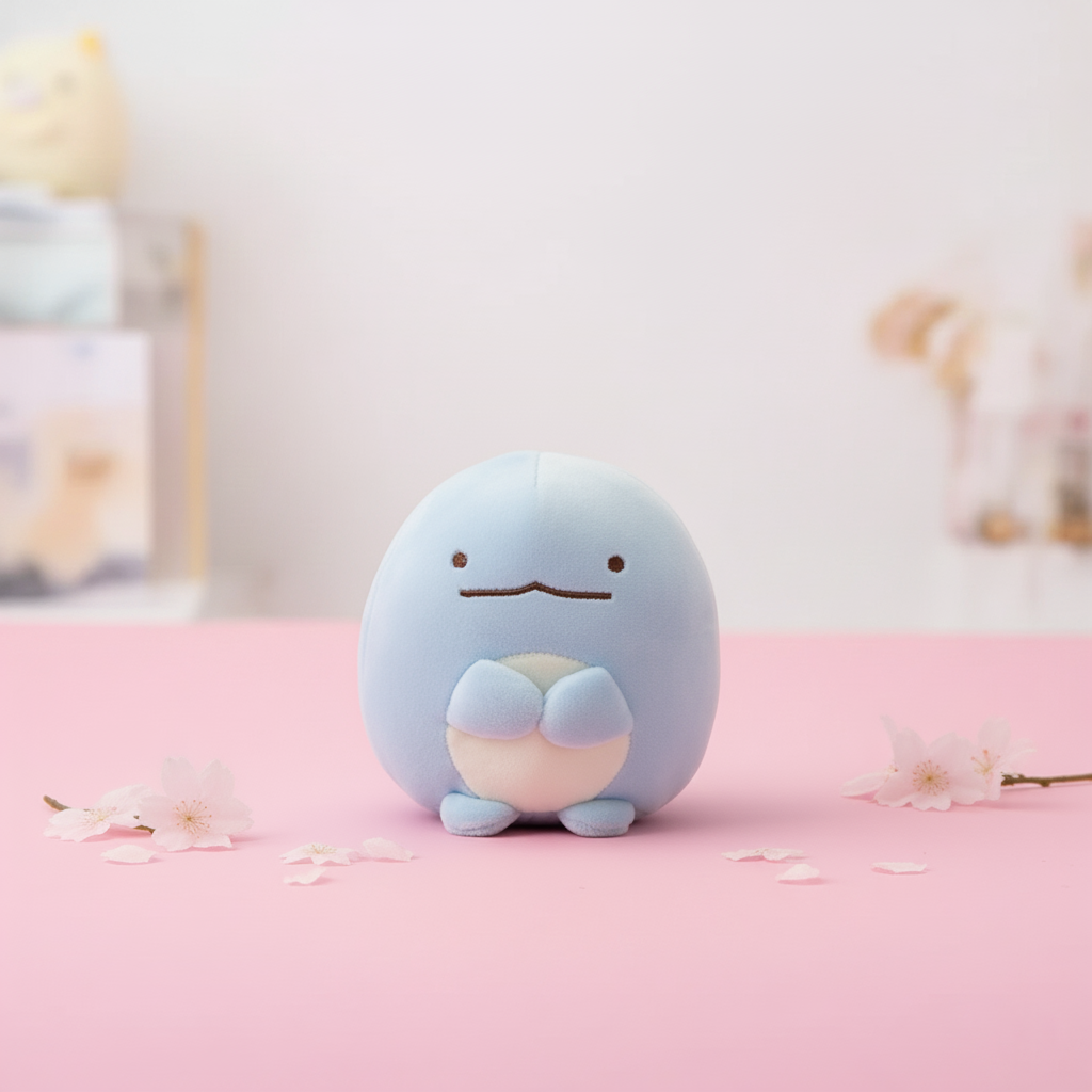 Cute blue plush toy on a pink surface with a blurred background