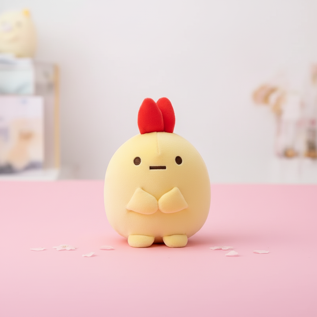 Cute cartoon chicken figurine with red comb on a pink surface