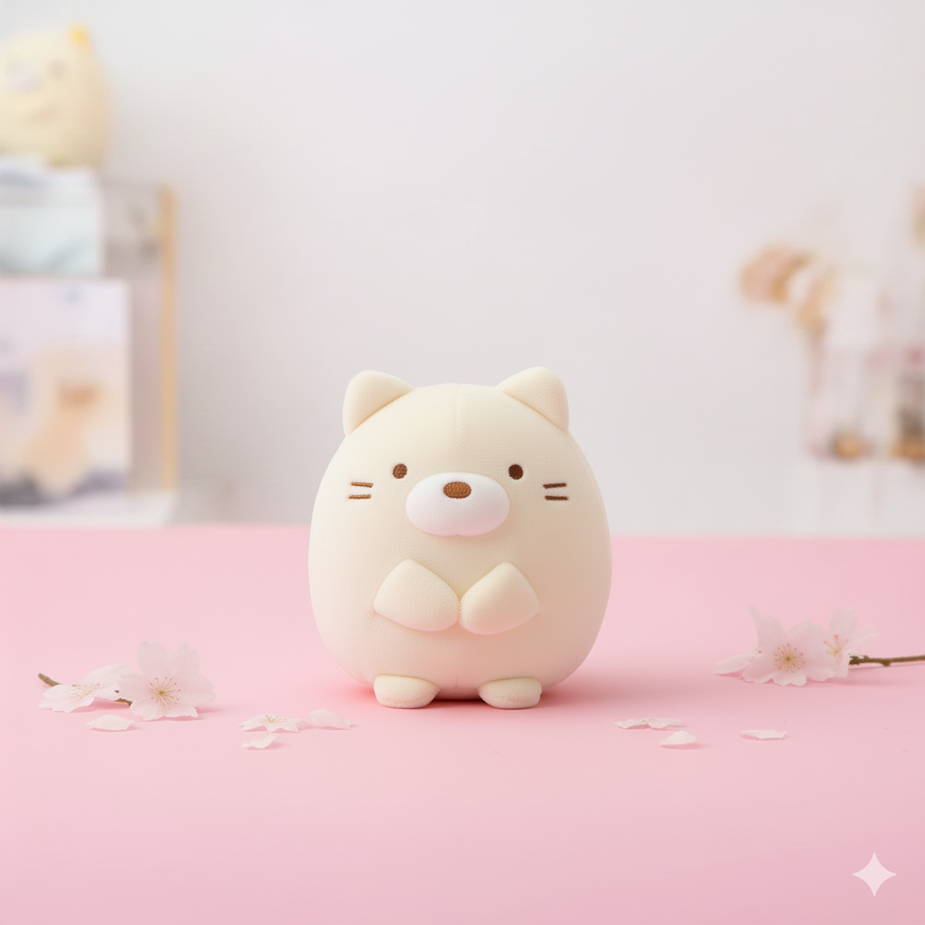 Cute cartoon cat figurine on a pink surface with a soft focus background