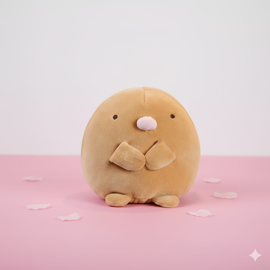 Round brown plush toy with a pink blush on a pink surface with white petals.