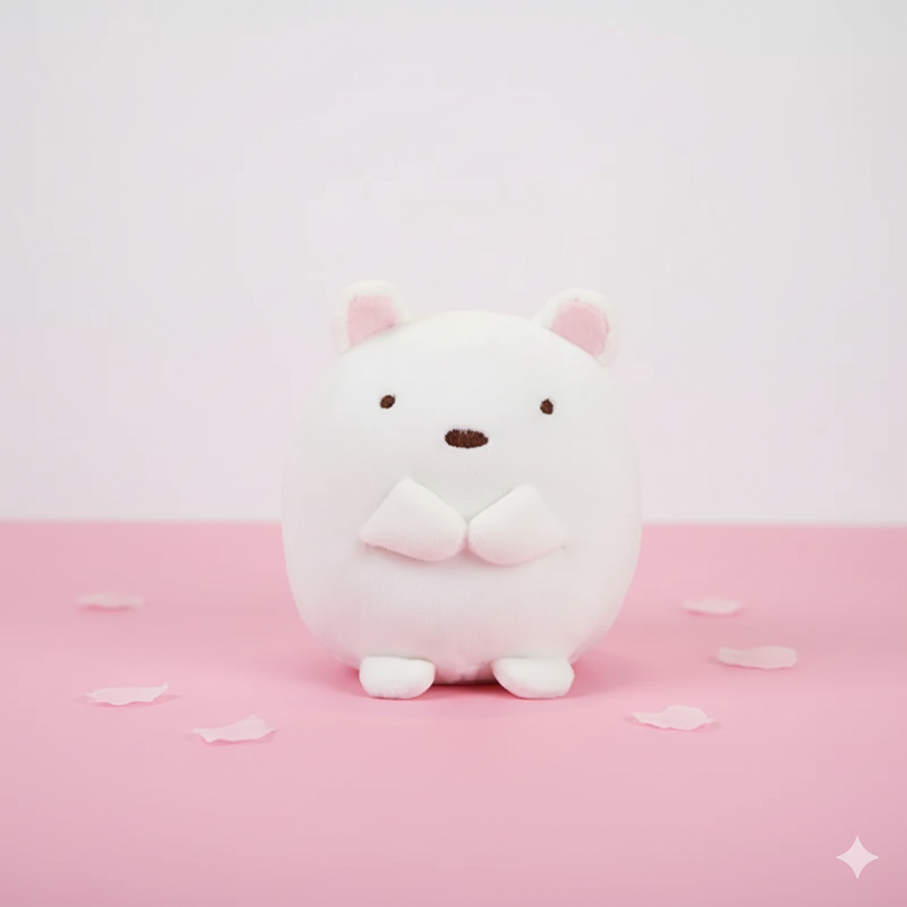 White plush toy with pink accents on a pink background