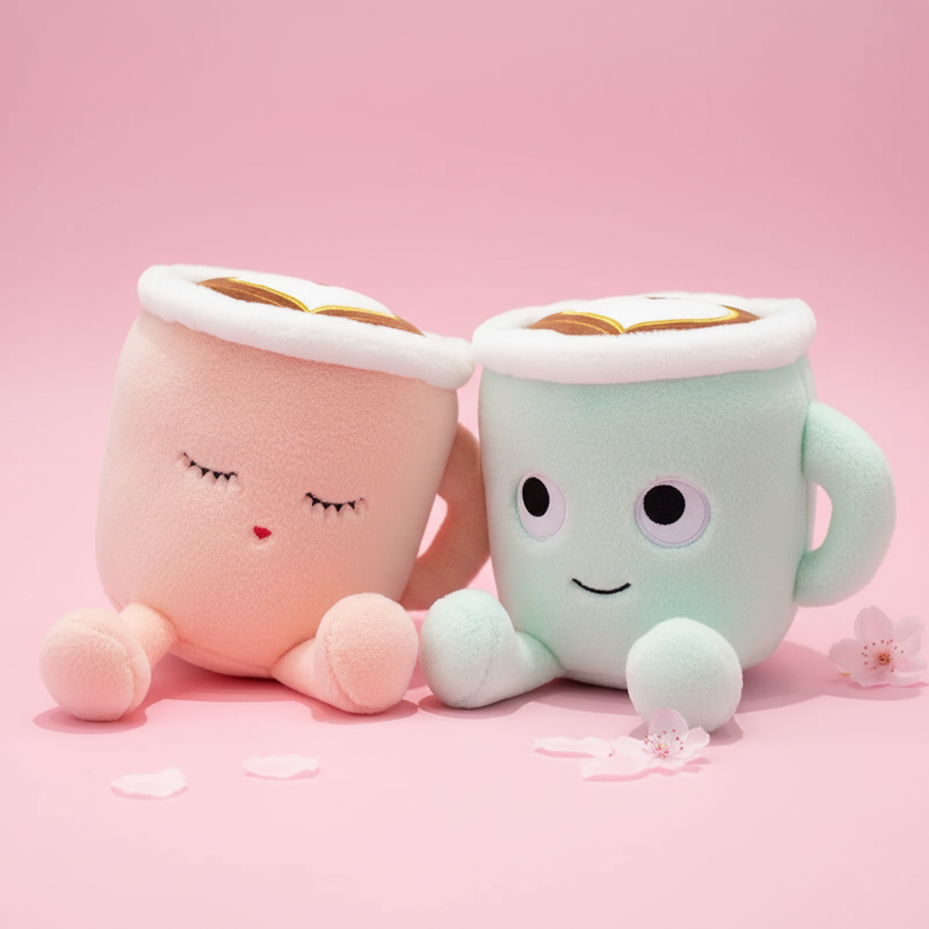 Two plush mugs with faces on a pink background