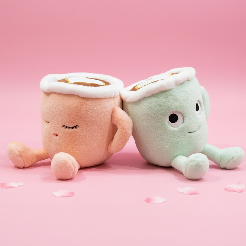Two plush toys resembling a pink cup and green donut with white icing on a pink background.