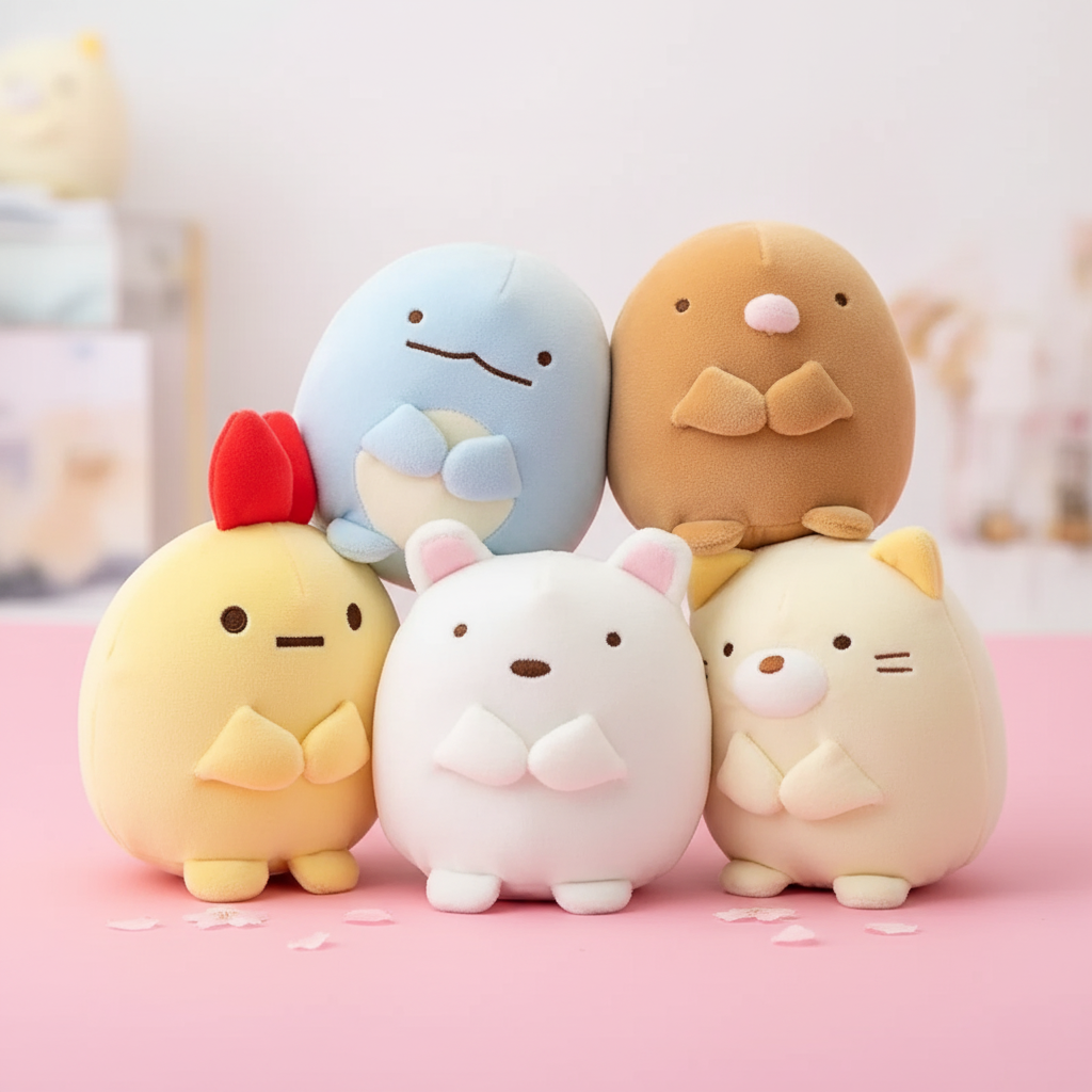 Five cute plush toys with different colors and designs on a pink background