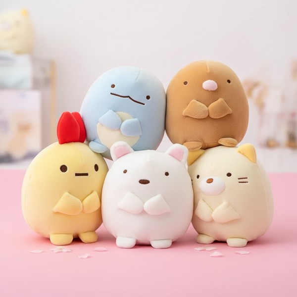 Five cute plush toys with different colors and designs on a pink background